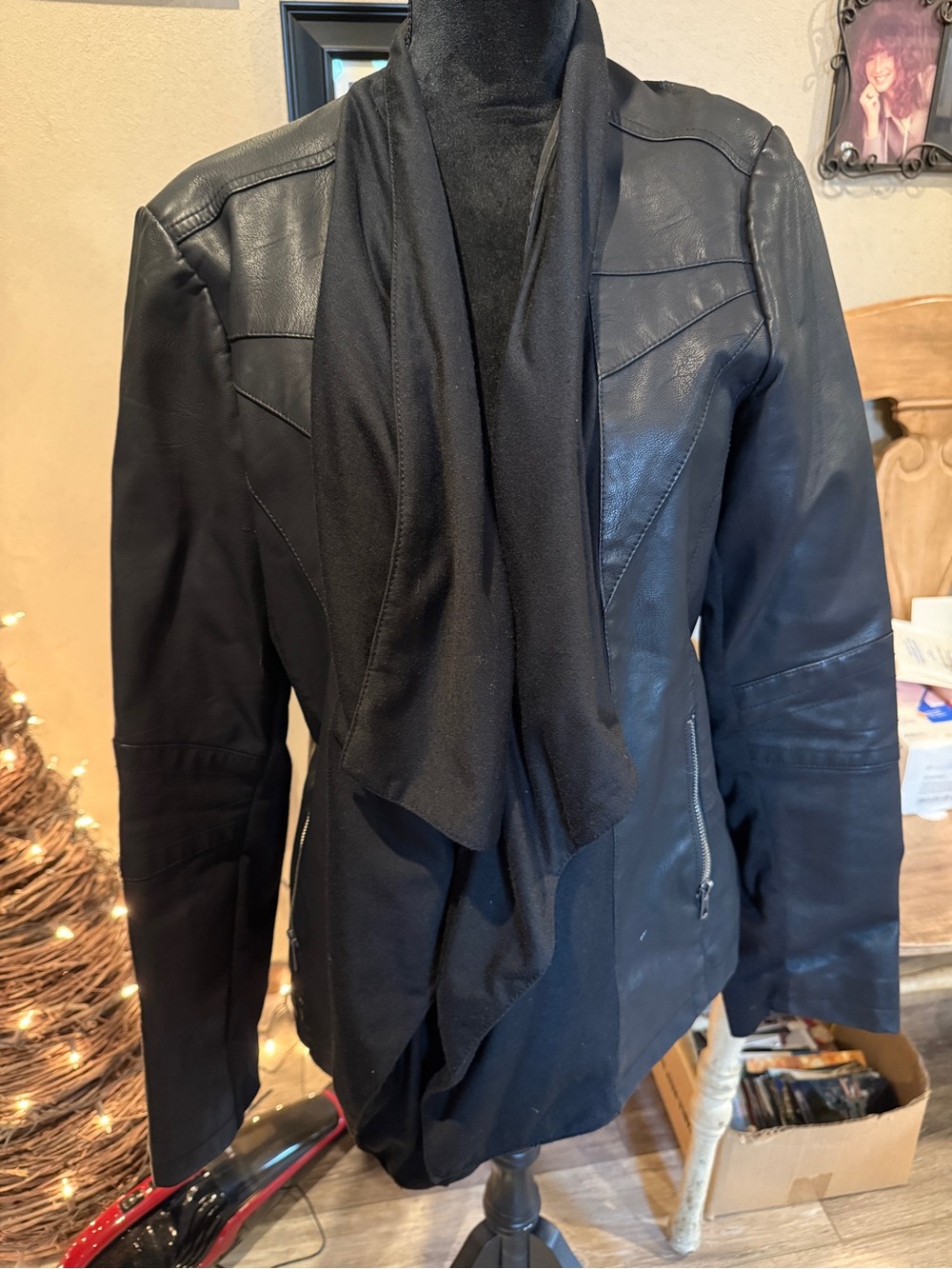 Black Women's Faux Leather Jacket with Draped Shawl Collar
